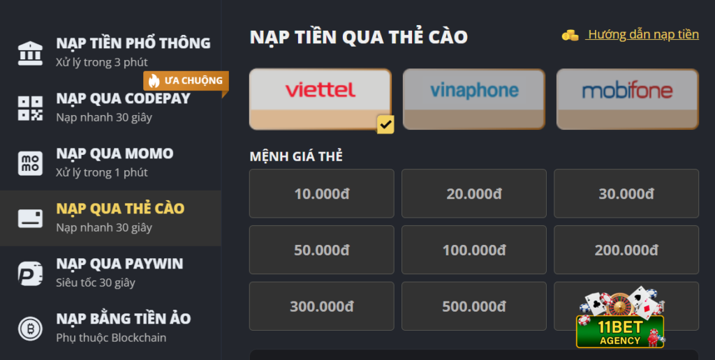 Cách nạp tiền 11Bet thông qua hình thức nạp thẻ cào