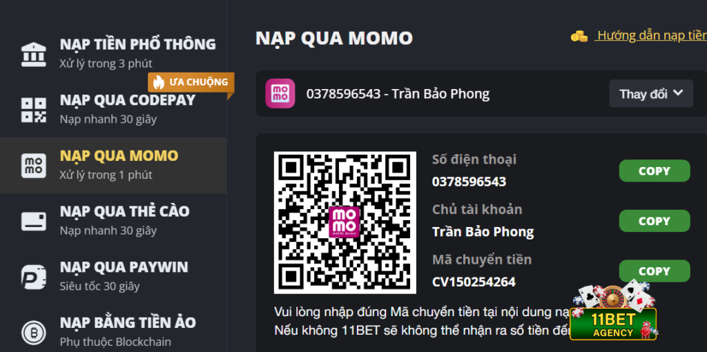 Cách nạp tiền 11Bet thông qua phương thức giao dịch qua ví Momo