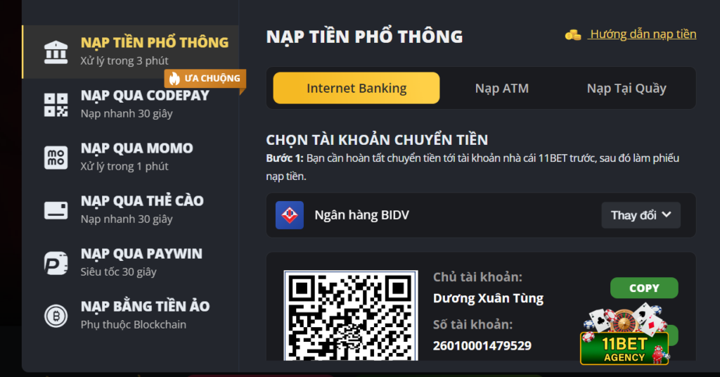 Cách nạp tiền qua Internet banking, ATM hoặc nạp tại quầy giao dịch