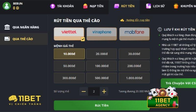 Hướng dẫn rút tiền 11Bet thông qua thẻ cào điện thoại